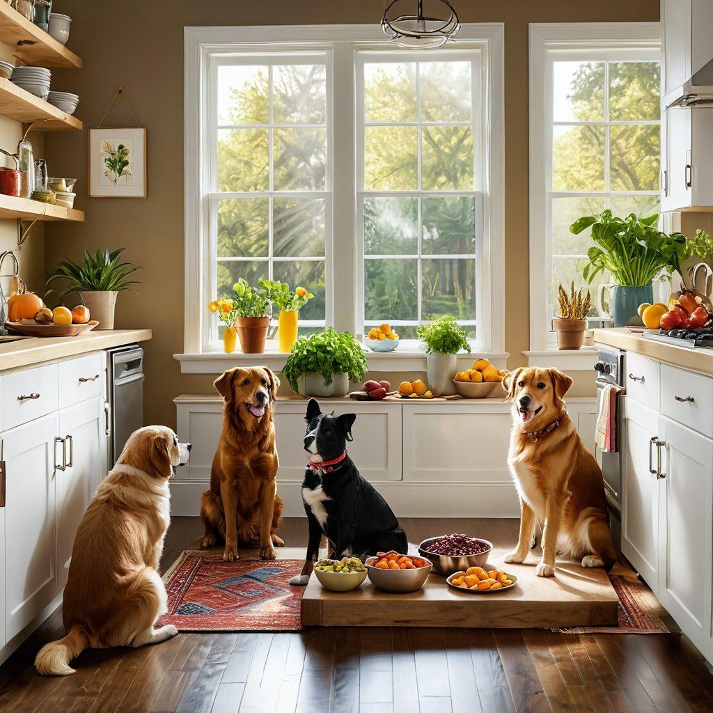 A cozy kitchen scene showcasing a variety of healthy pet foods, including colorful fruits and vegetables, alongside happy dogs and cats curiously looking at their bowls. In the background, a wellness chart highlights key nutrients. Soft sunlight streams through a window, creating a warm atmosphere. super-realistic. vibrant colors. warm lighting.