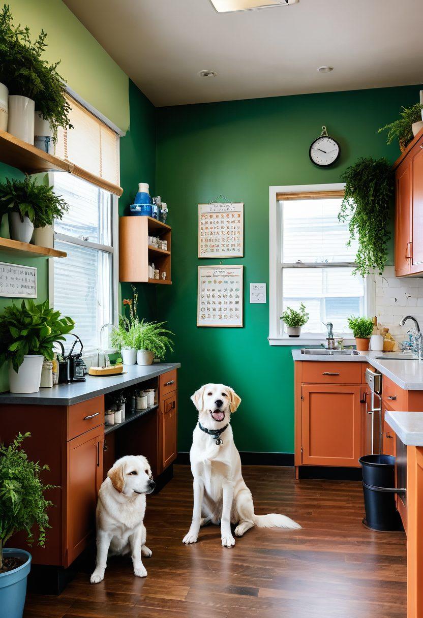 A cozy veterinarian clinic with a caring vet examining a happy dog, surrounded by detailed charts of pet health and nutrition on the walls. In the background, pet owners are interacting with their cats and dogs, showcasing a vibrant community feel. Bright plants and colorful pet supplies add warmth to the scene. super-realistic. vibrant colors. inviting atmosphere.